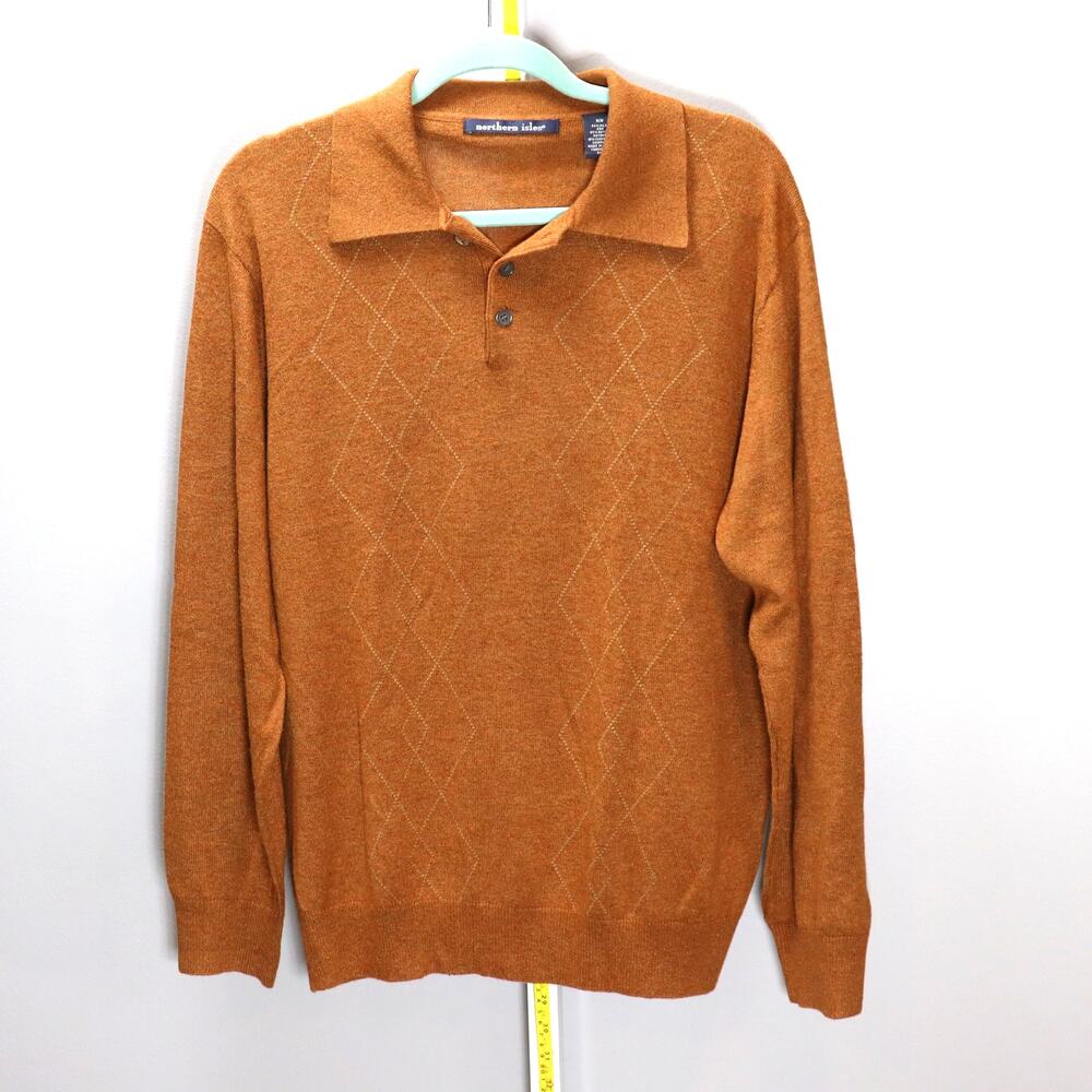 Northern Isles Silk Cashmere‎ Blend Polo Sweater Brown Argyle Men’s Size M